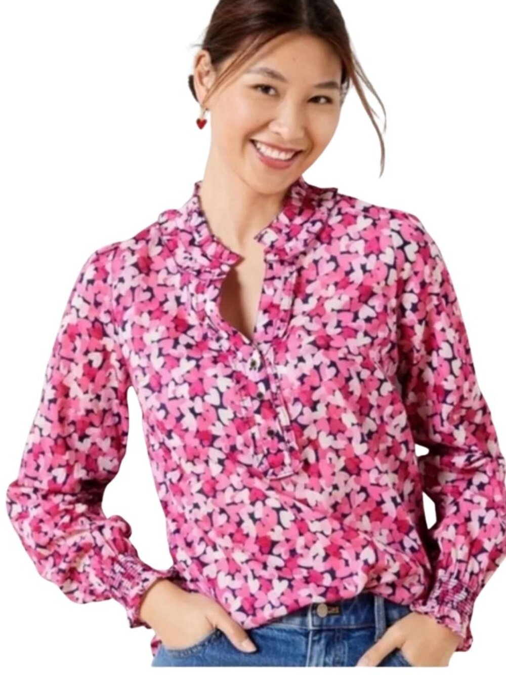 Talbots Petite Smocked Cuff Ruffle Blouse Blended Hearts XLP Romantic Preppy